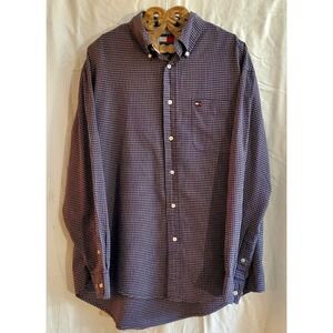 Tommy Hilfiger Men's Size L Navy Checkered Long Sleeve Button Down Pocket Shirt